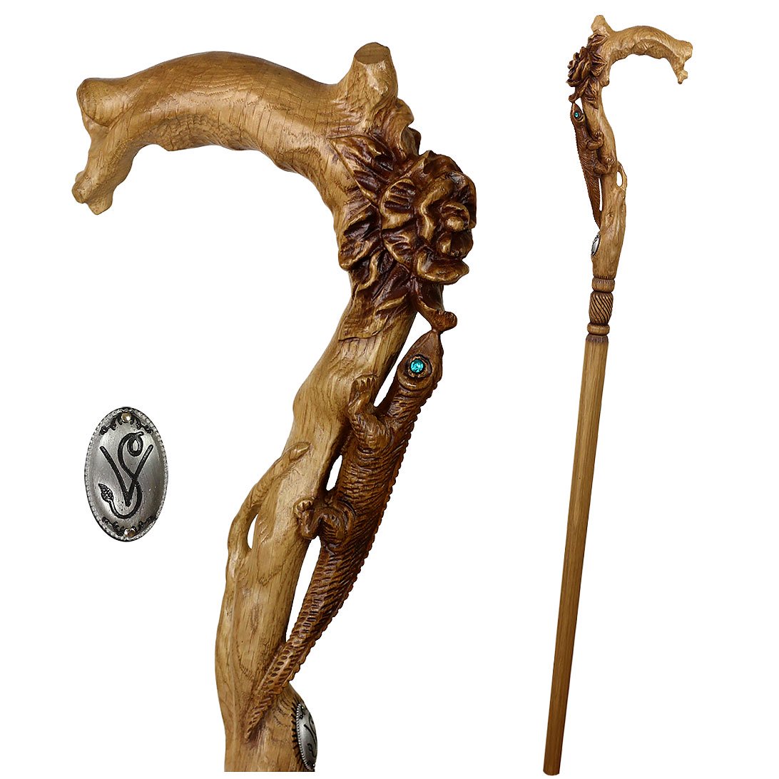 Lizard and Flower: Artisan Intricate Detail Handcarved Cane