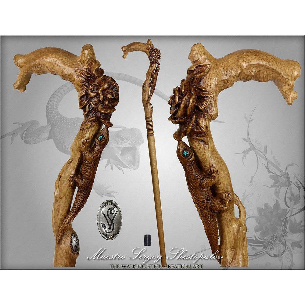 Lizard and Flower: Artisan Intricate Detail Handcarved Cane
