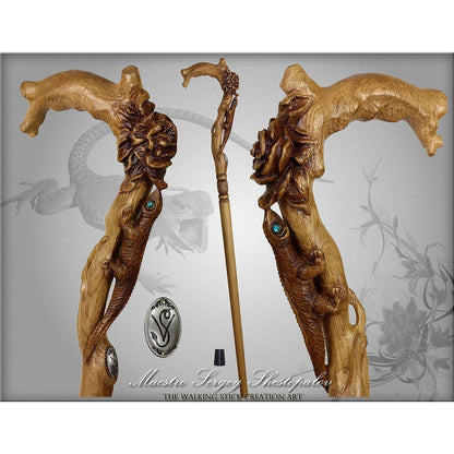 Lizard and Flower: Artisan Intricate Detail Handcarved Cane