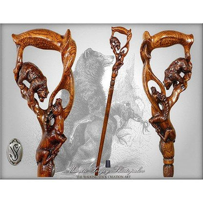 Bear & Gazelle: Artisan Intricate Detail Hand-Carved Cane