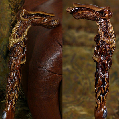 Dark Fiery Dragon Oak Wood Artisan Intricate Handcarved Cane