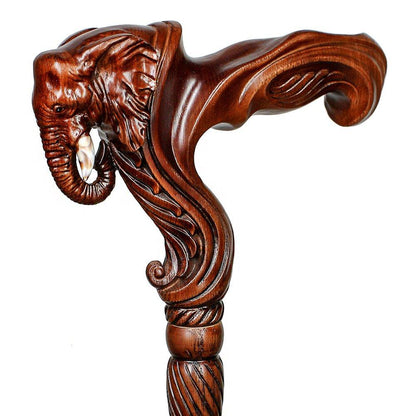 Elephant: Artisan Intricate Handcarved Wood Cane (Right Hand)