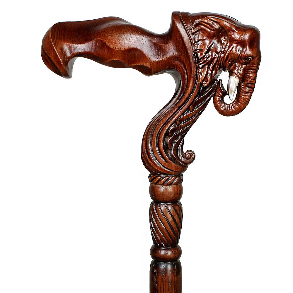 Elephant: Artisan Intricate Handcarved Wood Cane (Right Hand)