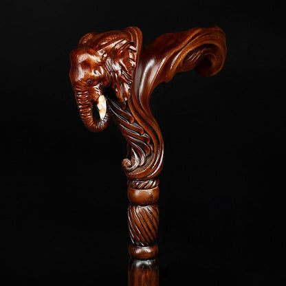 Elephant: Artisan Intricate Handcarved Wood Cane (Right Hand)
