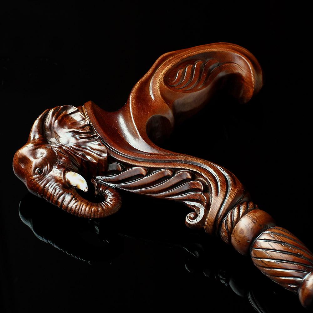 Elephant: Artisan Intricate Handcarved Wood Cane (Right Hand)