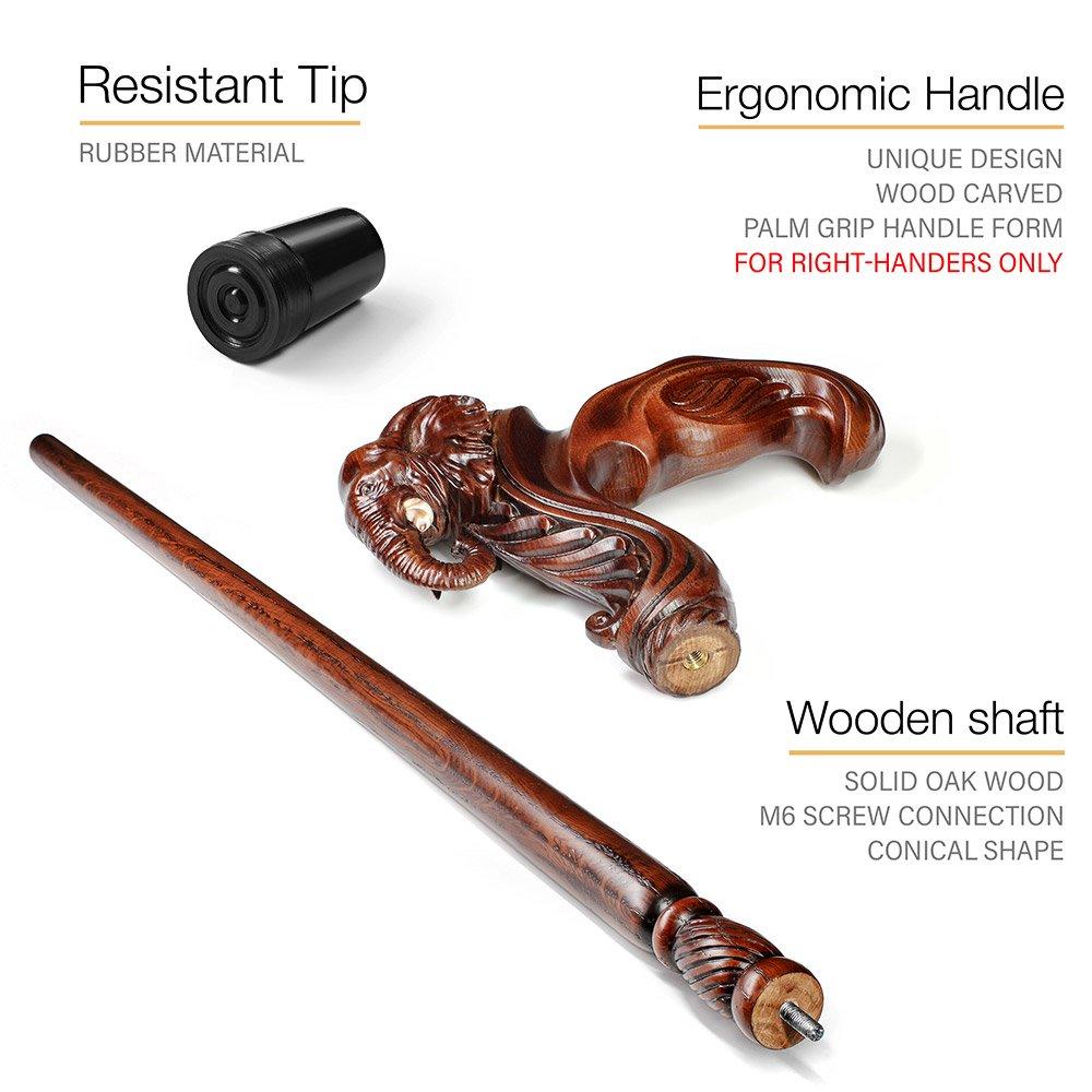 Elephant: Artisan Intricate Handcarved Wood Cane (Right Hand)