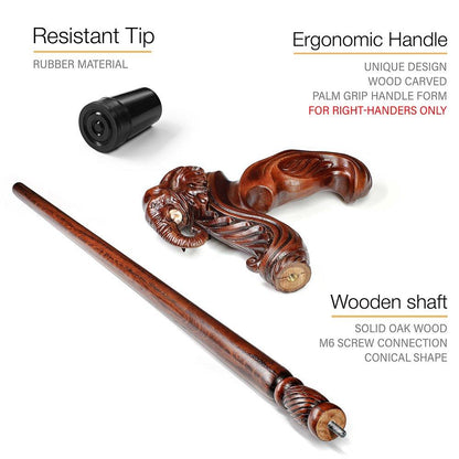 Elephant: Artisan Intricate Handcarved Wood Cane (Right Hand)