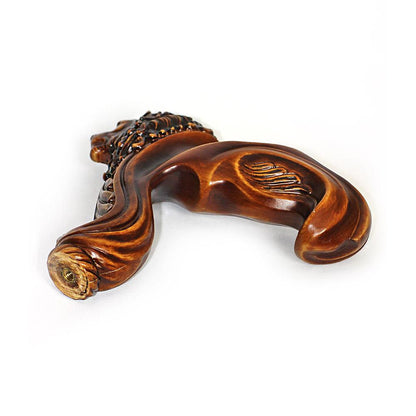 Lion Head: Artisan Intricate Handcarved Wood Cane (Right Hand)