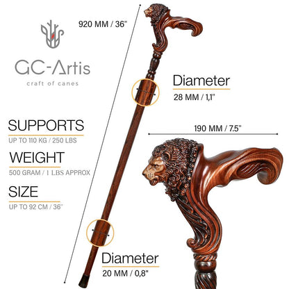 Lion Head: Artisan Intricate Handcarved Wood Cane (Right Hand)