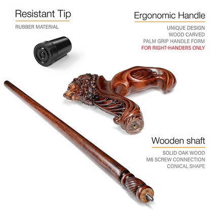 Lion Head: Artisan Intricate Handcarved Wood Cane (Right Hand)