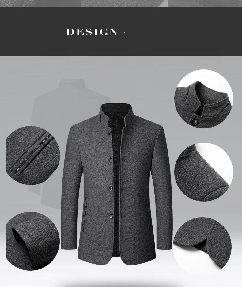 Mens Winter Wool Coat Stand Collar Business Jacket (Gray)