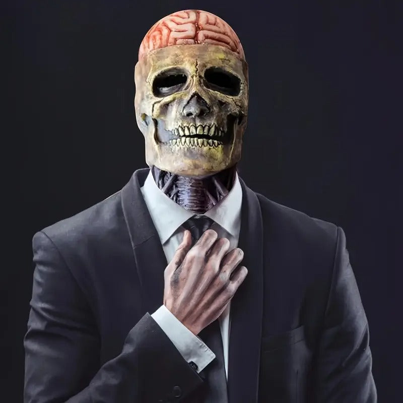 Halloween Skull Mask with Brain and Hat