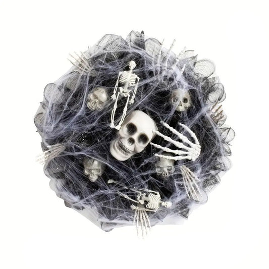 Halloween Skull Wreath Black Mesh Door Hanging