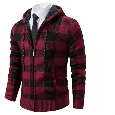 Men's Winter Hooded Plaid Wool Knit Cardigan