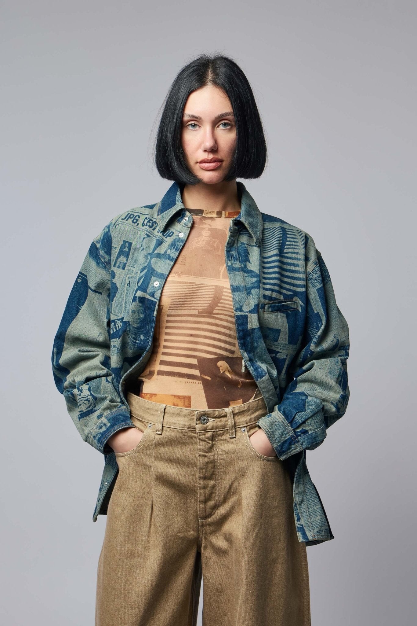 Denim Shirt with Newspaper Print