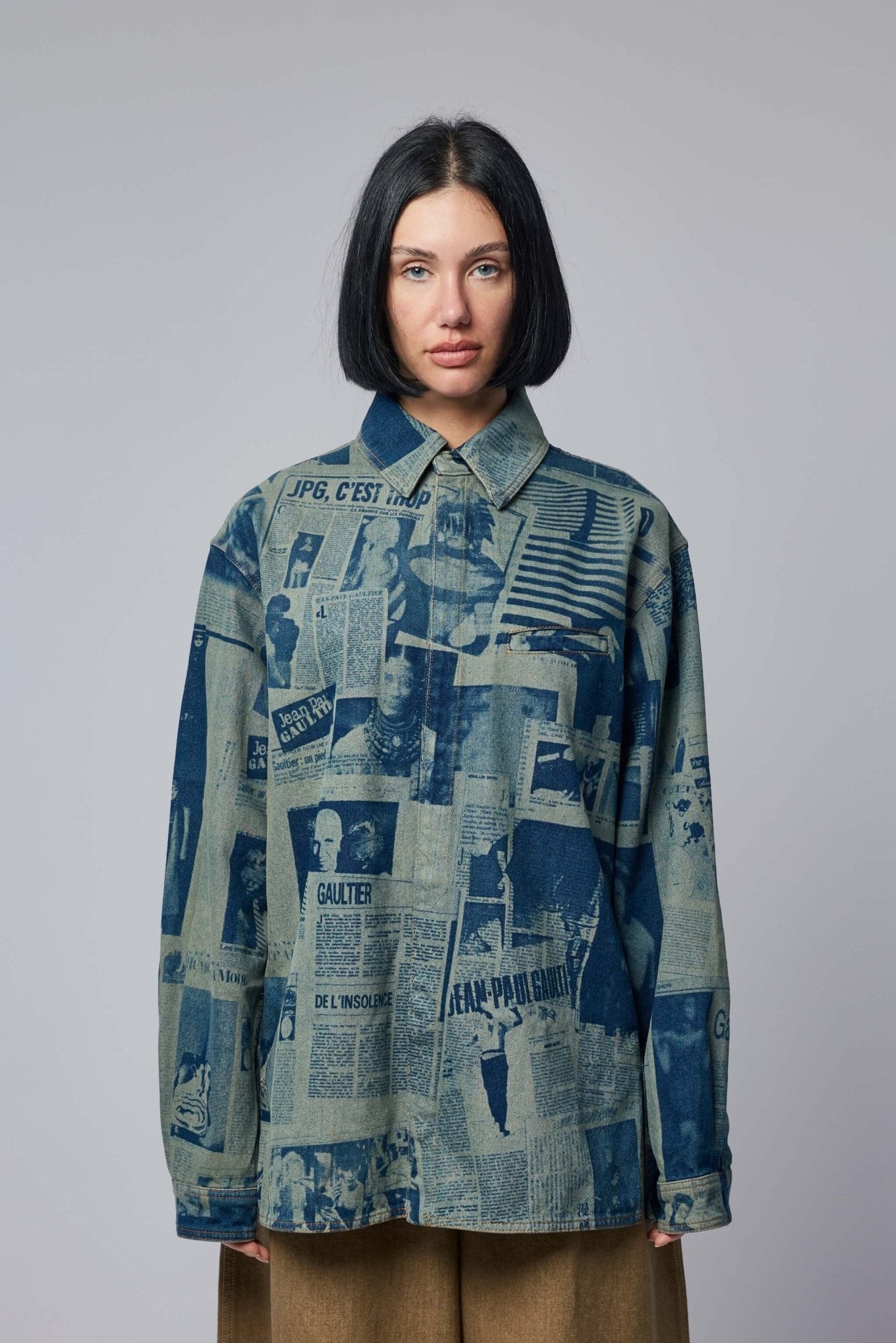 Denim Shirt with Newspaper Print