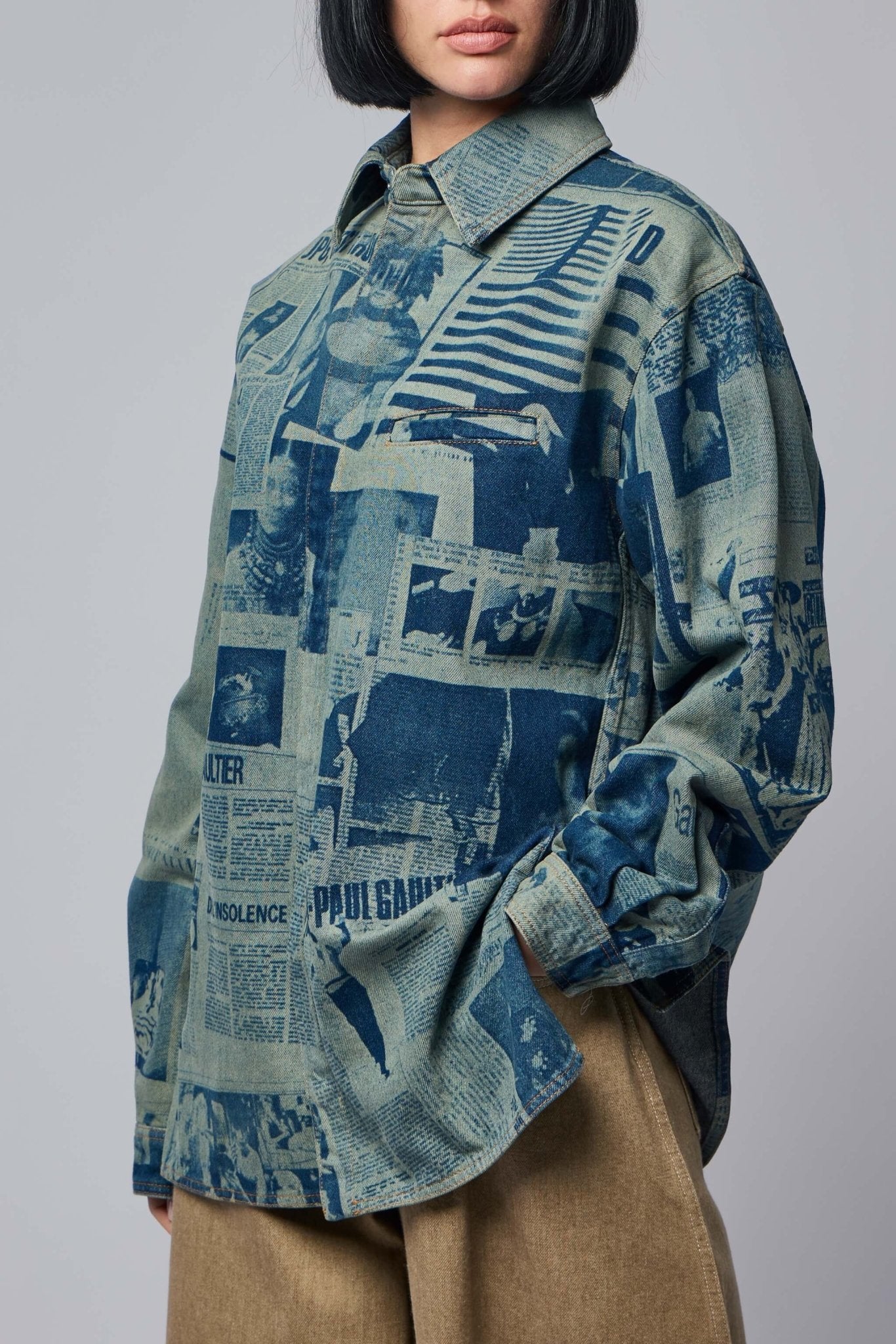 Denim Shirt with Newspaper Print