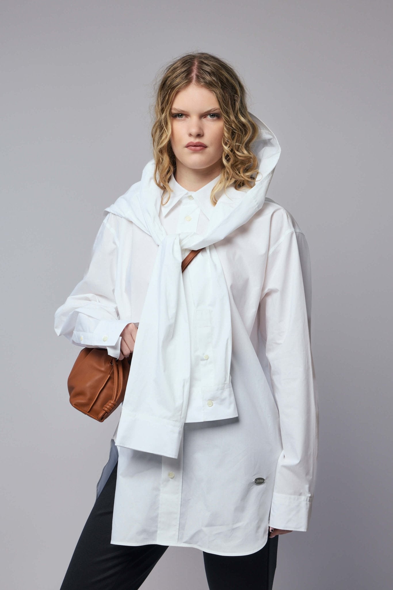 Oversize Shirt with Hood Sleeve Scarf Detail
