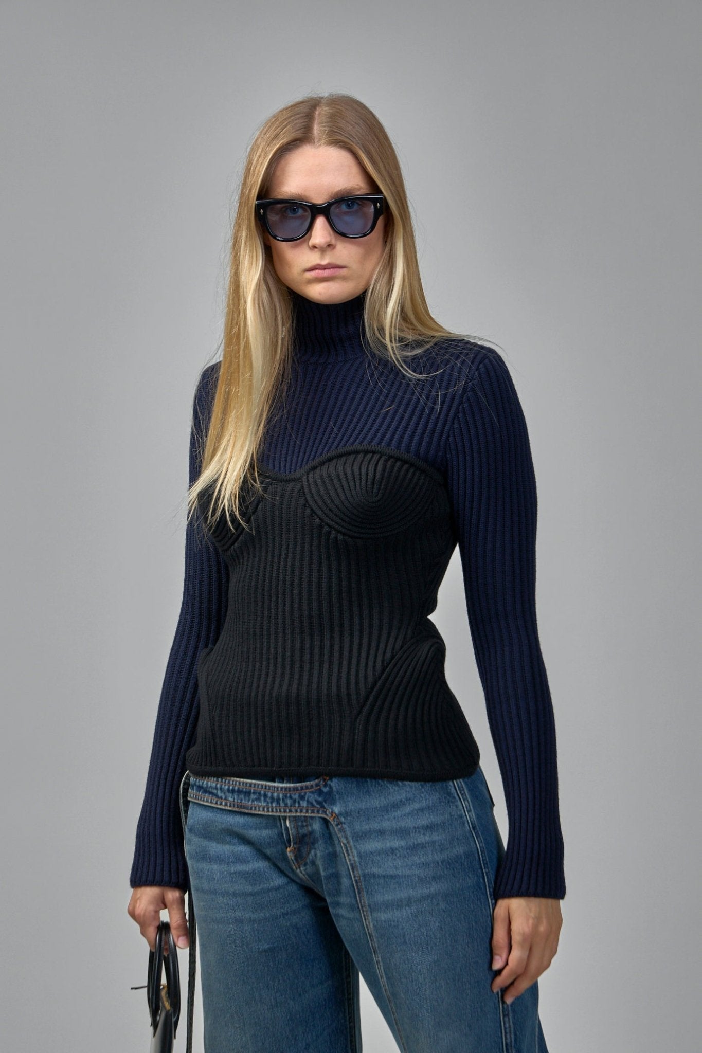 Stretch Merino Wool Ribbed High Neck Sweater