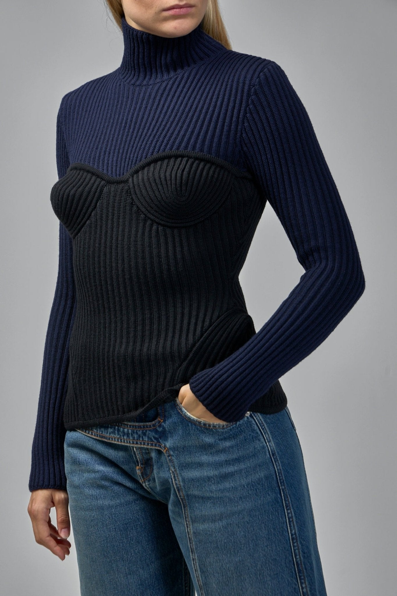 Stretch Merino Wool Ribbed High Neck Sweater
