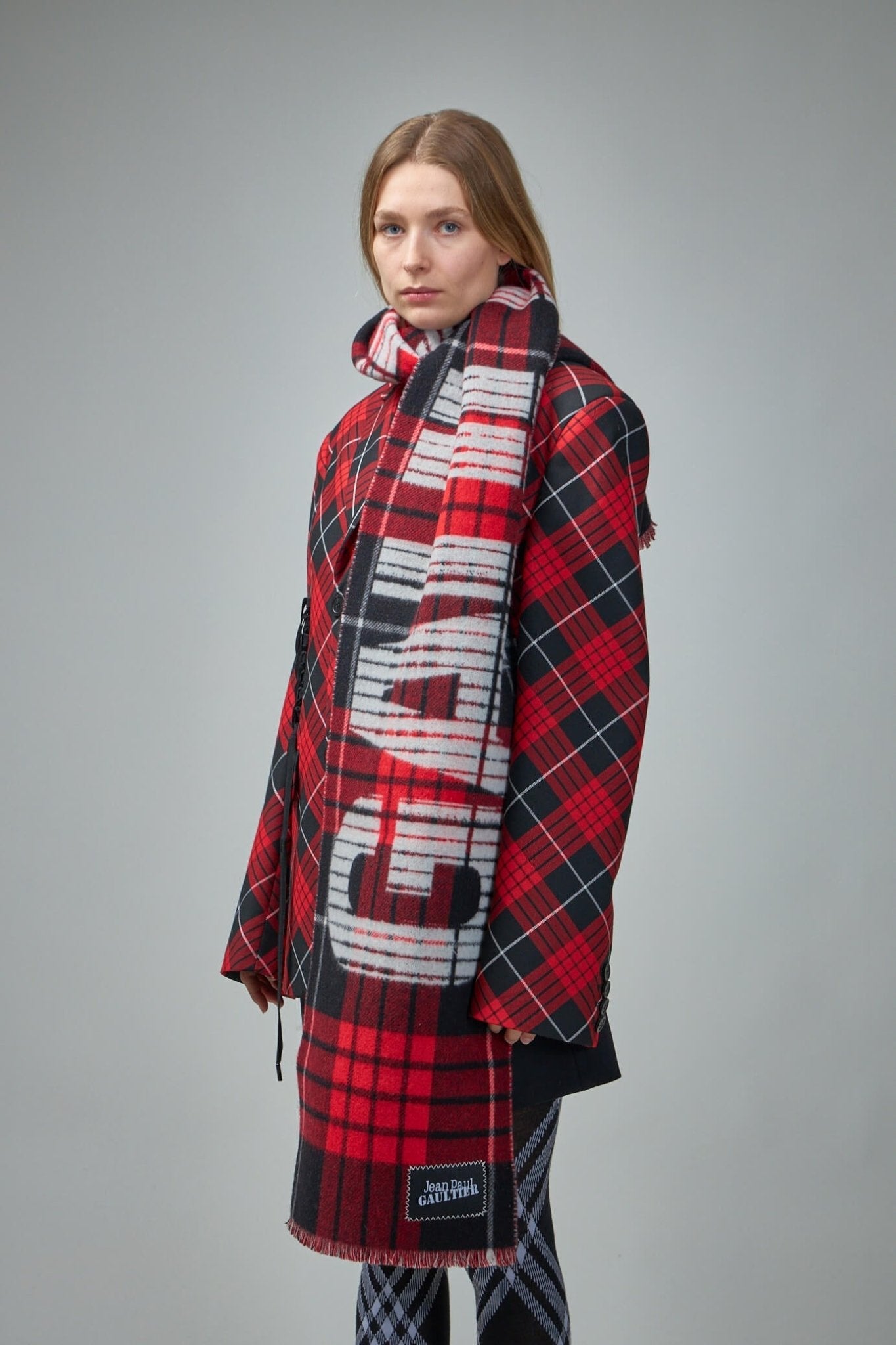Tartan Wool Scarf with Gaultier Logo