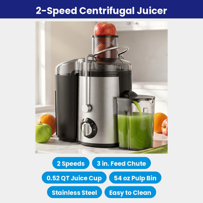 Centrifugal Juicer with 3-Inch Wide Feed Chute - 2 Speeds, Juice Cup and Pulp Container, Stainless Steel