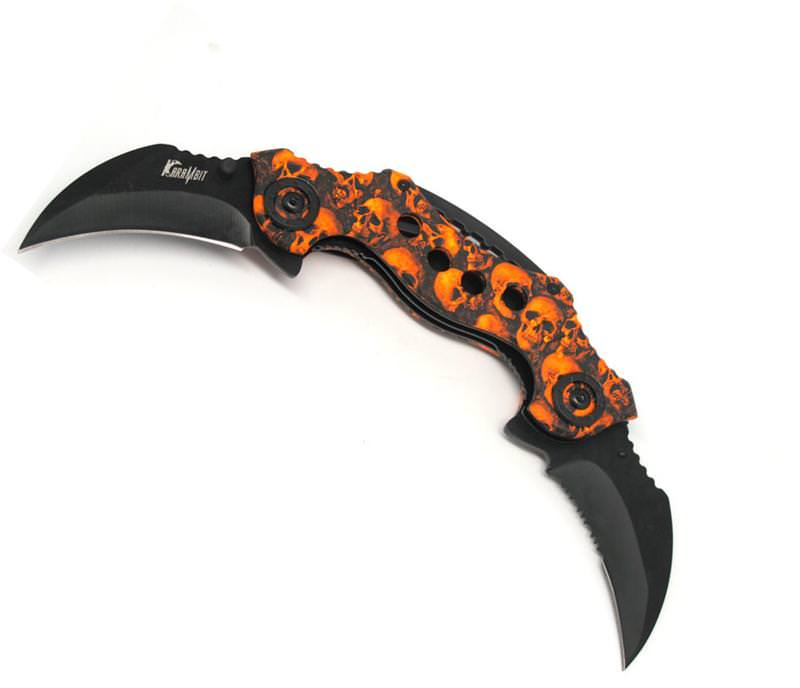 Double Trouble Dual Blade Karambit Assisted Open Knife - Orange Skull Camo