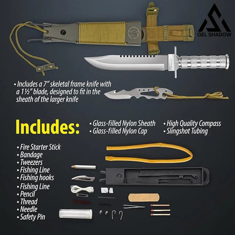 Large Hunting Knife Bowie Sharp Fixed Blade Camping Military Outdoor Survival Set-GS87