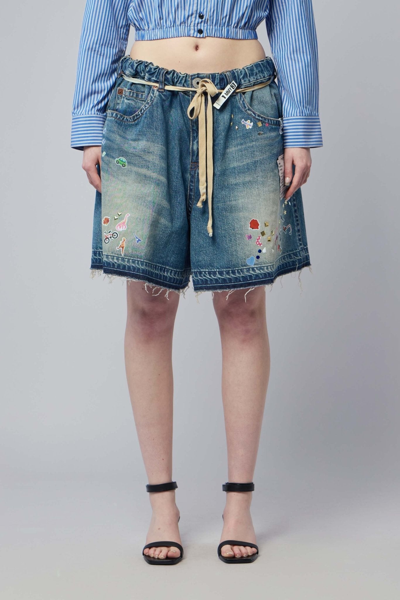 Kids Sticker Printed Denim Gather Shorts