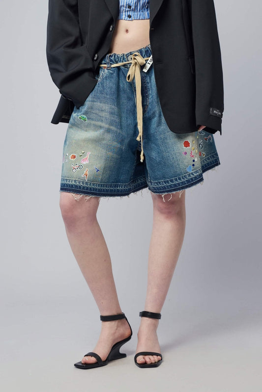 Kids Sticker Printed Denim Gather Shorts