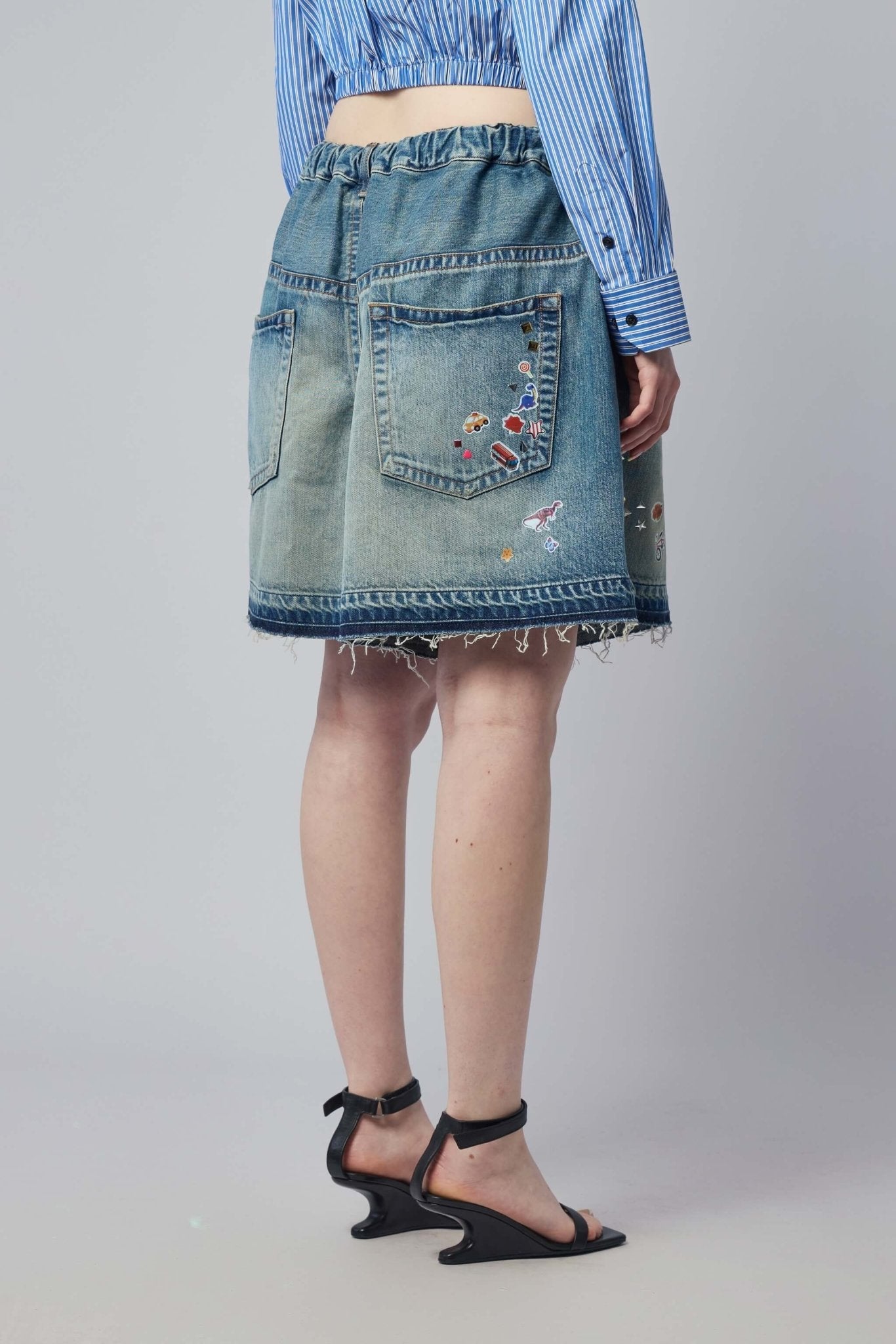 Kids Sticker Printed Denim Gather Shorts