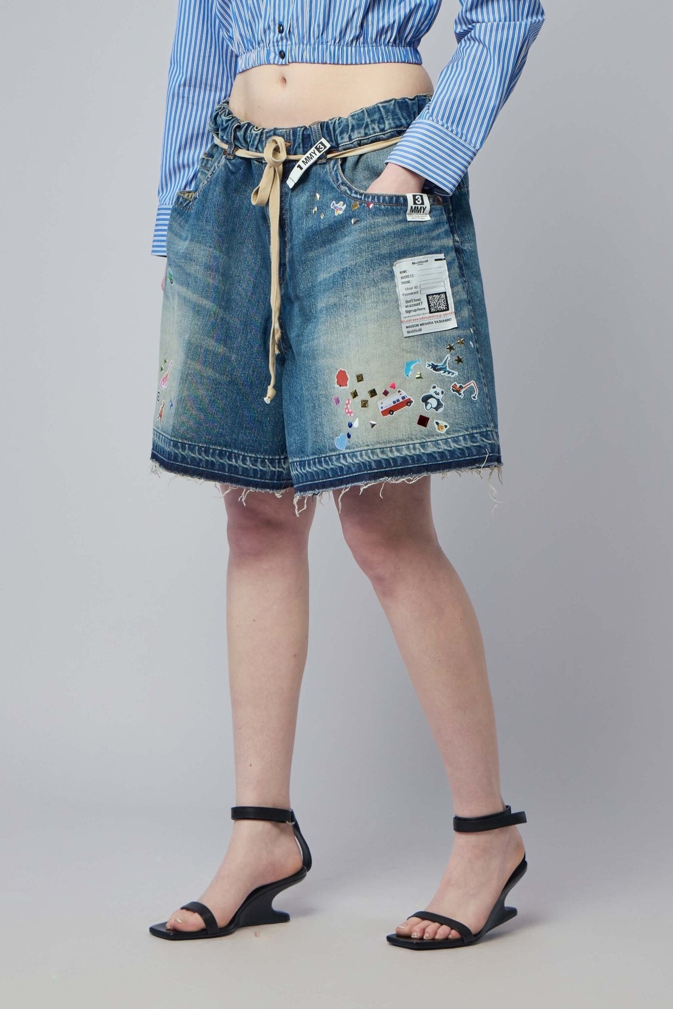 Kids Sticker Printed Denim Gather Shorts