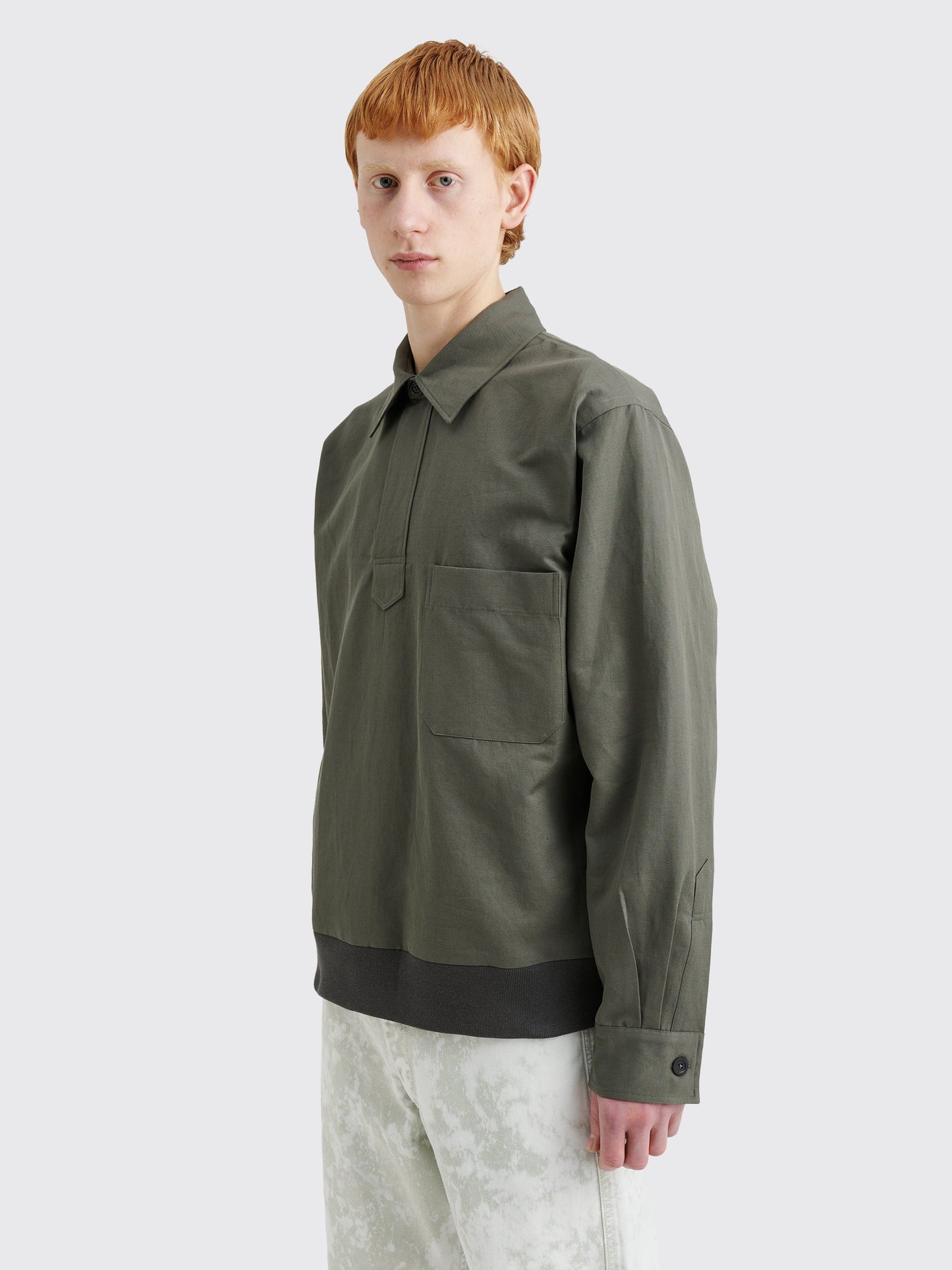 Margaret Howell Pull Over Shirt Light Cotton Linen Twill Grey Green