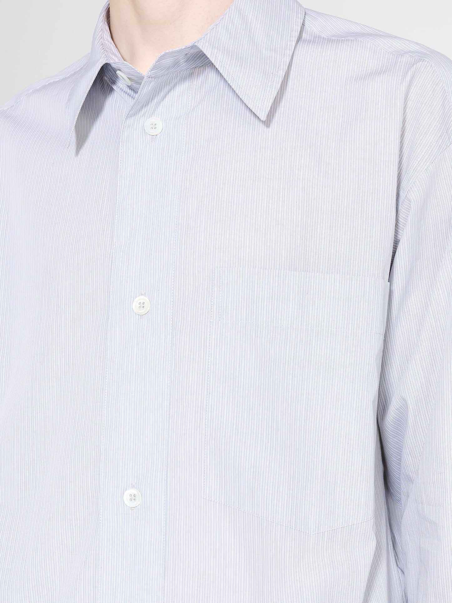Margaret Howell Half Placket Shirt Fine Stripe Cotton Poplin Grey / White