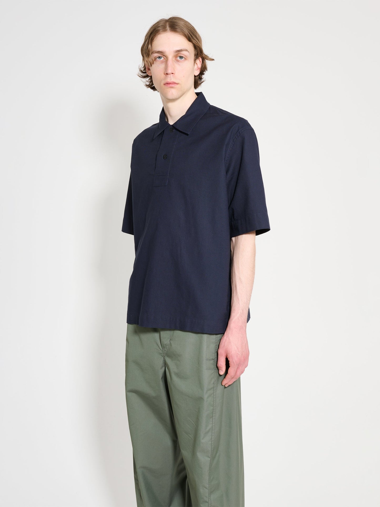Margaret Howell MHL Offset Placket Polo Textured Cotton Ink