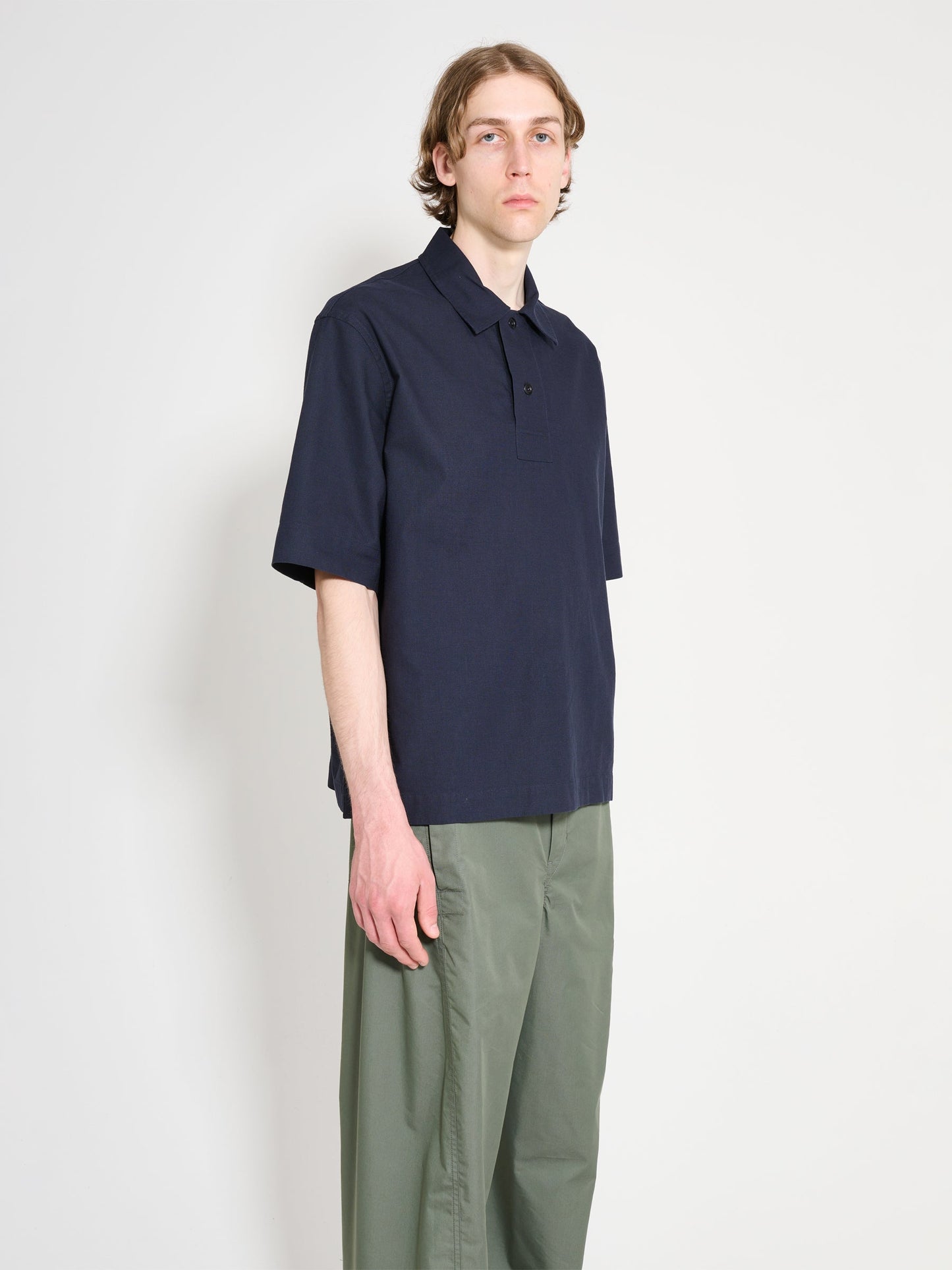 Margaret Howell MHL Offset Placket Polo Textured Cotton Ink