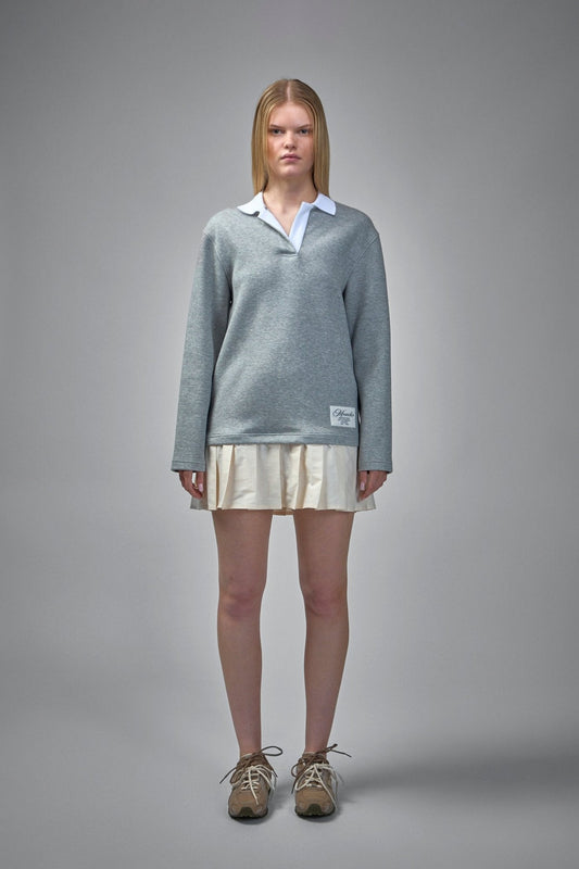 Pleated Logo Patch Long-Sleeved Polo Dress