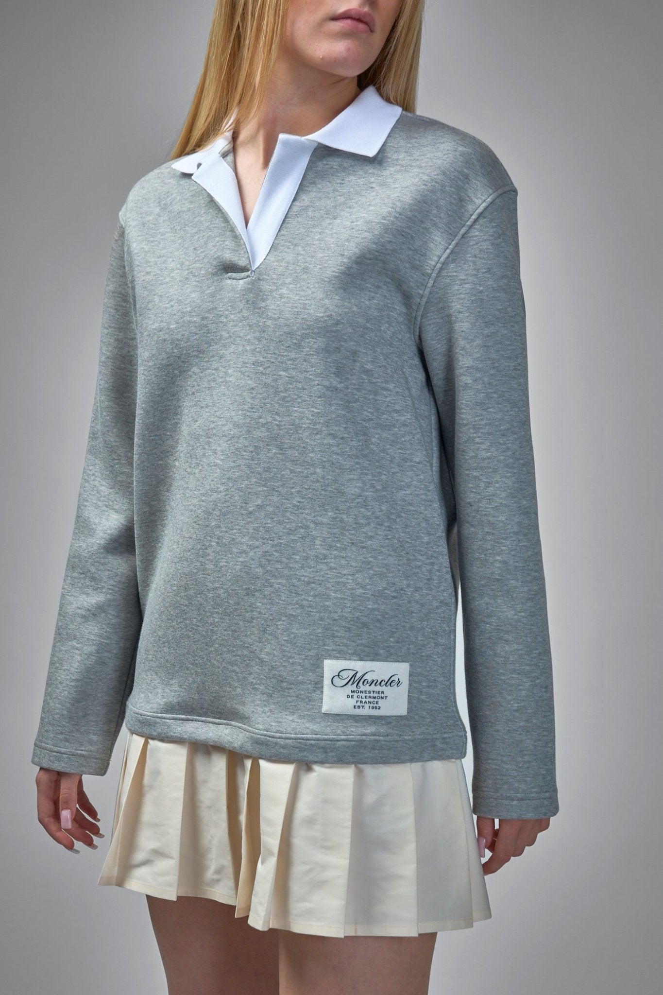 Pleated Logo Patch Long-Sleeved Polo Dress