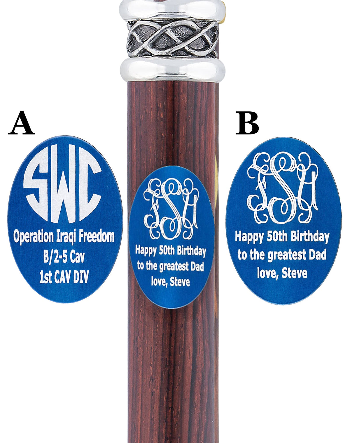 Custom Cane Engraving - Oval Blue Anodized Aluminum