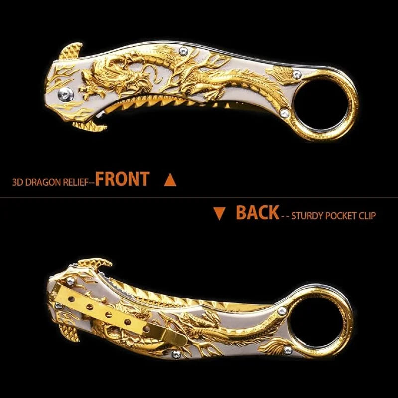 Portable folding knife with gold dragon relief design-GS14