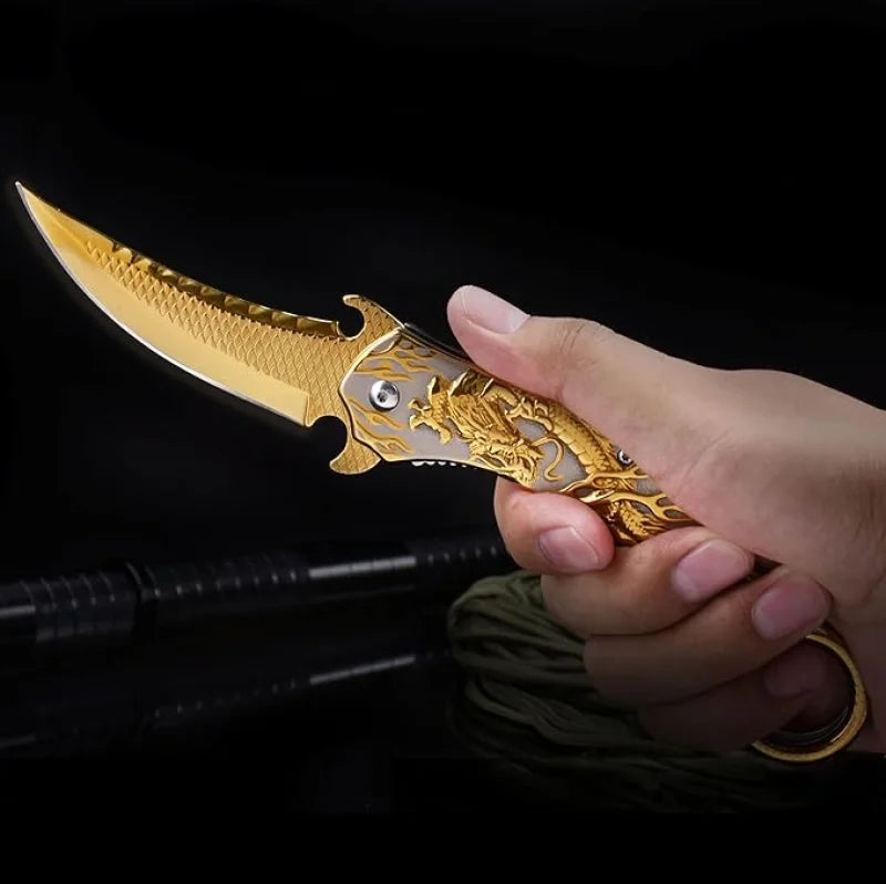 Portable folding knife with gold dragon relief design-GS14