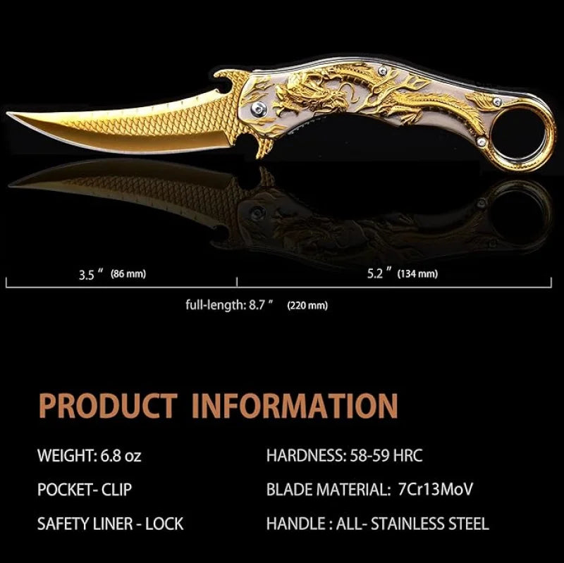 Portable folding knife with gold dragon relief design-GS14