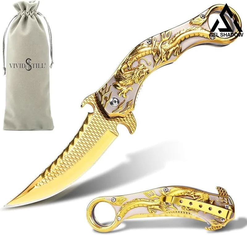 Portable folding knife with gold dragon relief design-GS14