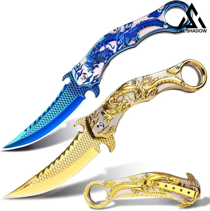 Portable folding knife with gold dragon relief design-GS14