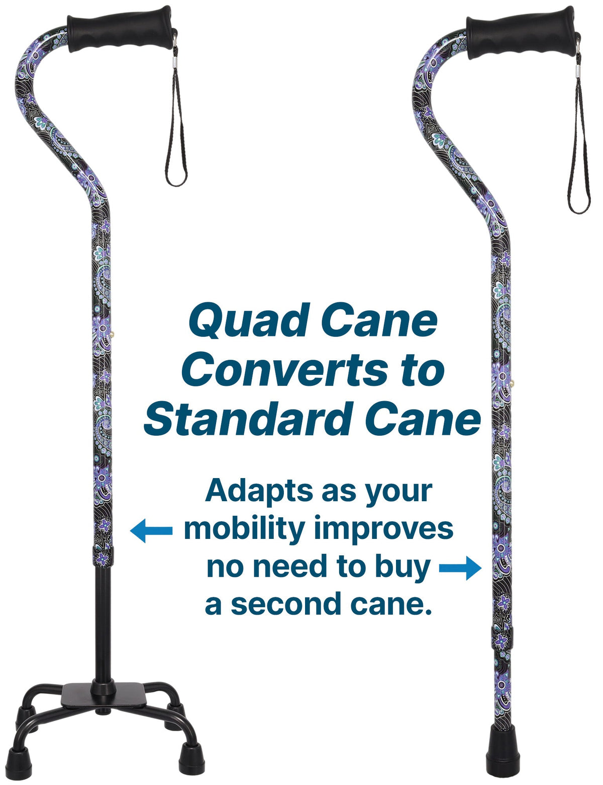 Purple Majesty Aluminum Convertible Quad Base Walking Cane - Adjustable Shaft