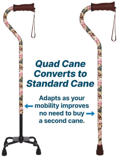 Lily and Butterfly Aluminum Convertible Quad Walking Cane with Comfort Grip - Adjustable Shaft