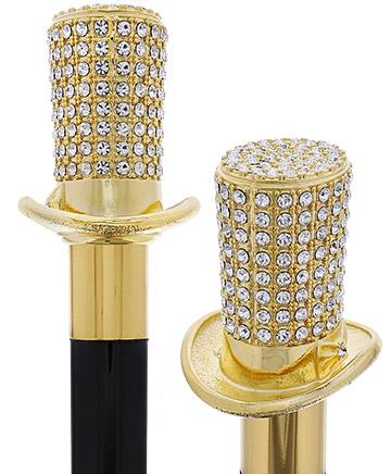 Gold Plated Top Hat with Swarovski Crystals w/ Black Beechwood Shaft and Gold collar