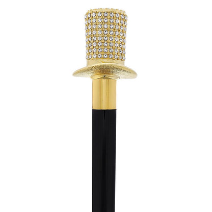 Gold Plated Top Hat with Swarovski Crystals w/ Black Beechwood Shaft and Gold collar