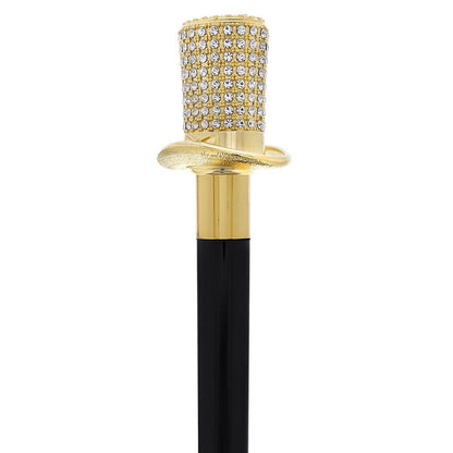 Gold Plated Top Hat with Swarovski Crystals w/ Black Beechwood Shaft and Gold collar