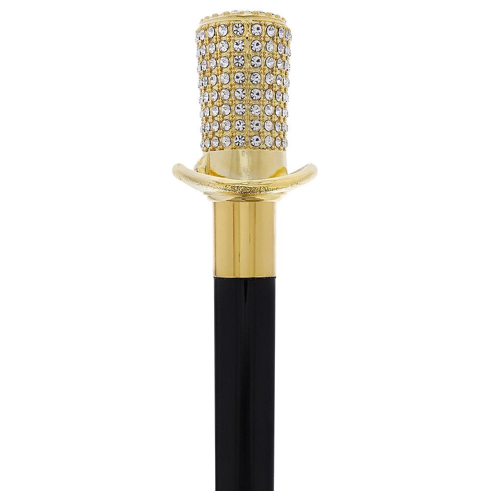 Gold Plated Top Hat with Swarovski Crystals w/ Black Beechwood Shaft and Gold collar